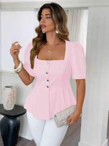 Vionelle 加大码纯色方领前扣优雅短袖衬衫，夏季 - 粉色 - 查看 5