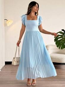 SHEIN LUNE Plus Size Elegant Square Neck Multi-Layer Ruffle Cap Sleeve Chiffon Pleated Splice Dress - Baby Blue - View 4