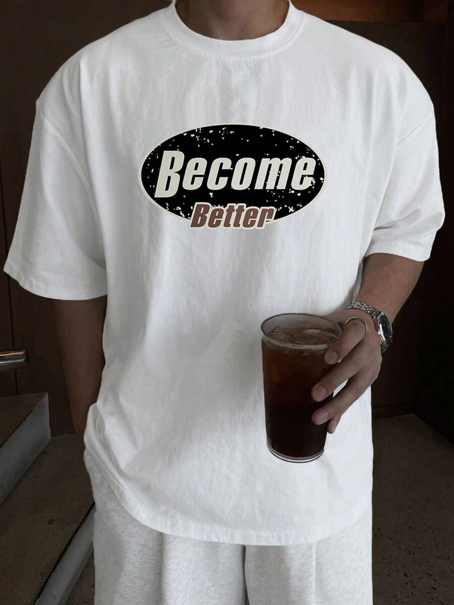 DAZY Herren weiß T-Shirt mit Rundhalsausschnitt und Buchstaben-Muster, Kurzarm für den Sommer, Grafik-Tees - Weiss - Übersicht 1