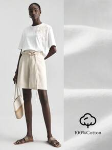 Ontre Women's Four Seasons White Light Resort Style Daily Wear T-Shirt, Elegant Resort Wear, Loose And Comfortable Versatile Patch Embroidery Short Sleeve Round Neck Simple And Fashionable - White - View 2