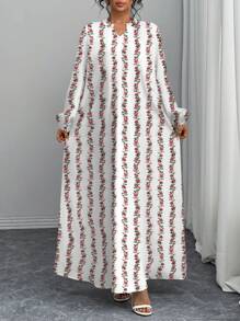 Modelyn Women's Floral Print Notched Neck Elegant Long Sleeve Dress - White - View 3