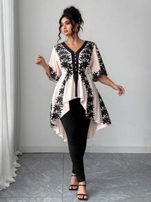 Elenzga Bộ đồ vest nữ cỡ lớn cổ chữ V tay ngắn cài nút phía trước in họa tiết & quần cạp cao co giãn, thanh lịch và chuyên nghiệp, mùa xuân/hè - màu đen - Xem 4