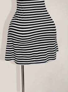 SHEIN ICON 大码黑白条纹 V 领露背修身连衣裙 - 黑與白 - 查看 7