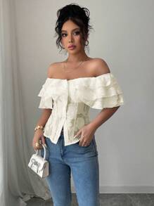 Elenzga Áo sơ mi hở vai nhún bèo lãng mạn ngọt ngào dành cho nữ, áo cánh ngắn thời trang cho mùa hè - Màu be - Xem 3