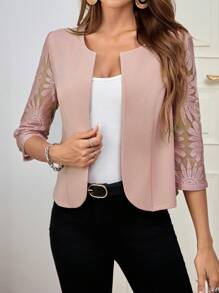 SHEIN Clasi 女士优雅圆领七分袖粉色蕾丝拼接外套 秋季女装 - 粉色 - 查看 1