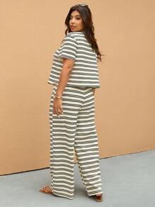 Elaquor 2 件套大码女式夏季条纹前系带短袖上衣和阔腿裤休闲装 - 彩色 - 查看 3