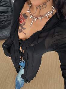 Coolane Women Fall/All-Season Streetwear  Boho Fairycore Daily Wear Rave Renaissance Fair Hippie Music Festival Mesh Straps Ruffle Ribbon Long Coat - Black - View 2