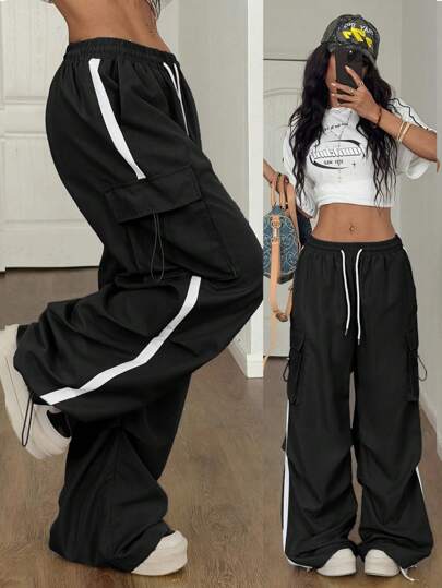 Coolane Pantalones cargo grises de paracaídas para mujer con bolsillos con solapa, cordón ajustable en la cintura y diseño básico de ropa deportiva de calle de verano