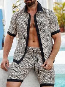 Manfinity RSRT 男士全印花短袖衬衫和抽绳腰短裤套装 男士度假装 男士沙滩装套装 男士沙滩装套装 男士度假短裤套装 男士度假装 男士两件套休闲短裤套装 - 彩色 - 查看 1