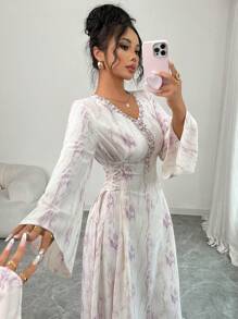 Yasmyna 女士紫色扎染印花拼接缎带领系带A字长袖阿拉伯连衣裙 - 紫色 - 查看 6