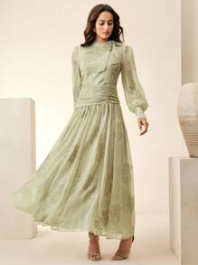 Anewsta Elegant Embroidered Beaded Dress With Waist Cinching And Flared Skirt - Green - View 4