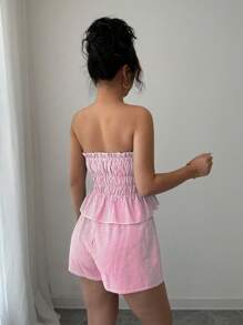 Elenzga 2pcs Set: Blue Striped Ruffle Hem Tie Front Crop Top + Elastic Waist Shorts, Suitable For Summer Vacation - Pink - View 2