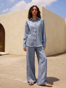 DAZY 2 piezas Conjunto casual de pantalón largo y camisa de manga larga de unicolor para mujer, primavera y verano