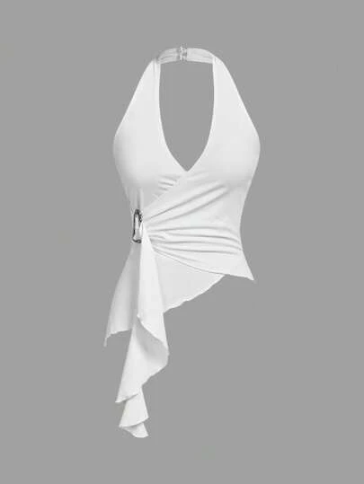 SHEIN MOD 休闲领带金属扣合身不对称下摆背心