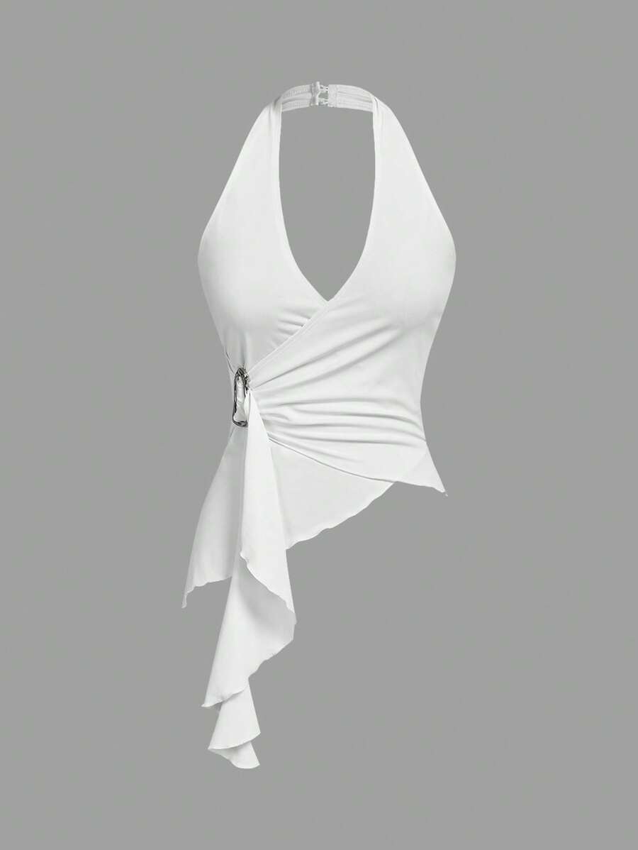 SHEIN MOD 休闲领带金属扣合身不对称下摆背心 - 白色 - 查看 1
