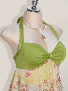 SHEIN ICON 大码女式夏季休闲荷叶边不对称下摆蝴蝶结挂脖上衣 - 彩色 - 查看 6