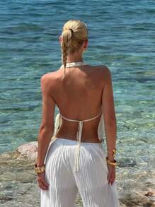 SHEIN ICON Sexy Elegant New Halter Tie-Up Beaded Embroidery Backless Camisole - Apricot - View 2