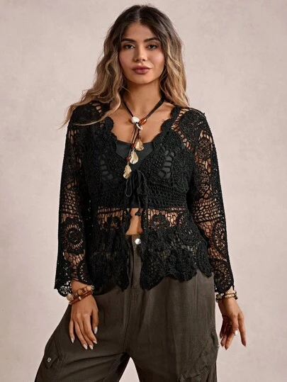 Freevana Cardigan casual oversize in maglia traforata tinta unita