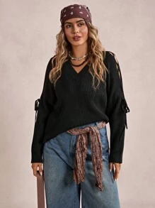 SHEIN VCAY Plus Lace Up Side Raglan Sleeve Sweater - Black - View 6