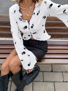 Siren Gaze Cross-Border Europe & America Ditsy Floral V-Neck Long Sleeve Lace Cardigan Floral Blouse Button Up Blouse Cute Blouses Blouse For Women Ruffled Blouse