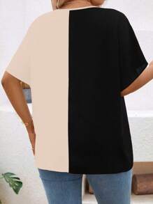 SHEIN LUNE Plus Size Women Color Block Casual Button Down Shirt - Apricot - View 2