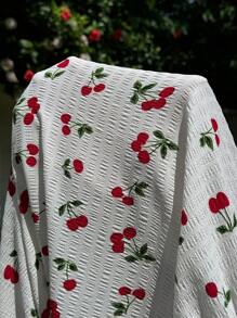 SHEIN EZwear 大码女式樱桃水果印花蝴蝶结 V 领连衣裙，夏季