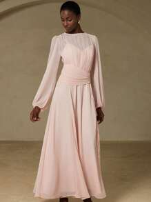 Aveloria Rosie Novo Elegante Vestido Longo de Manga Longa em Estilo Francês Refinado, Cor Sólida, Chiffon, Decote Redondo, Pregas, Cordão na Cintura, Bainha Assimétrica - Rosa chiclete - Visão 4