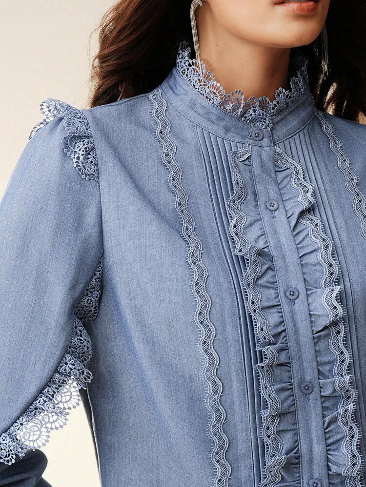 New Stylish Standard Size Women Lace Trim Long Sleeve Blouse