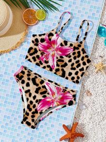 Emery Rose Kids Emery Rose Kids 年轻女孩休闲豹纹、芙蓉花、鸡蛋花花卉图案，海滩度假风格，合身吊带背心和三角比基尼泳装套装，适合夏季椰子女孩，中途度假去海滩，霓虹海滩氛围，泳装系列，假日感觉，沿海极简主义，夏季花卉 - 彩色 - 查看 2