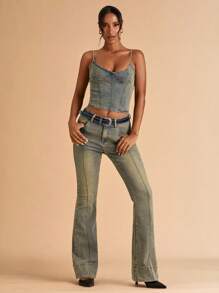 SHEIN BAE Quần Jeans Denim Ống Loe Thiết Kế Túi Cho Nữ Đa Năng Thường Ngày - Rửa nhẹ - Xem 3