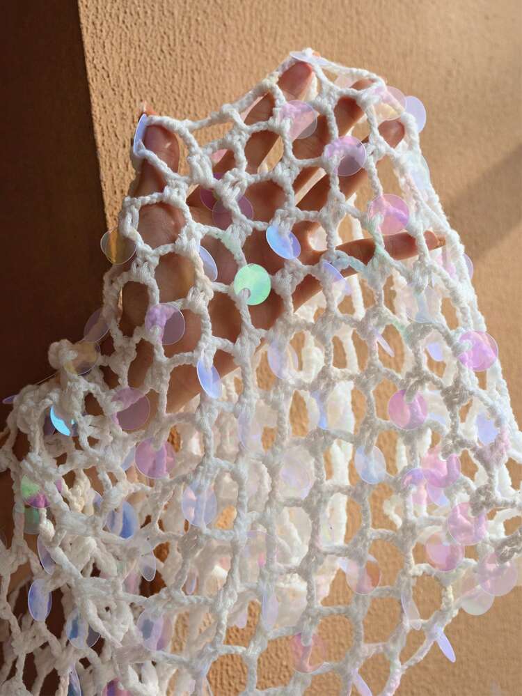 CROCHET SEQUINS CUTOUT TIE BACKLESS SPLIT THIGH SHEER HALTER COVER UP DRESS FOR SUMMER BEACH VACATION