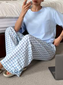 DAZY Minimalist Round Neck T-Shirt Top And Plaid Pants Home Wear Pajamas Set, Back To School Clothes - Baby Blue - View 5