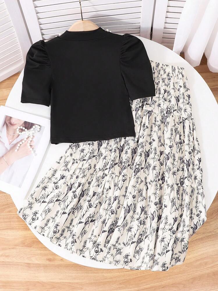 Tween Girl Round Neck Short Sleeve T-Shirt And Floral Print Skirt 2-Piece Set Floral Skirt Summer Skirt Midi Skirt Skirt Printed Skirt Fall Winter - Black and White - View 2
