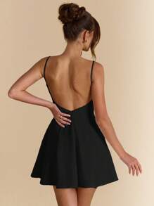 SHEIN BAE Váy suông hở lưng màu trắng thanh lịch, phù hợp cho hẹn hò, nghỉ mát, lễ hội âm nhạc, sinh nhật, tiệc trưa, khách dự tiệc cưới, phù dâu, mùa xuân/hè - màu đen - Xem 2