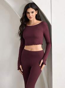 Ocili Ocili Leisure Women Ribbed Crew Neck Long Sleeve Ruffled Top & Flared Pants Casual Suit Set Outfit