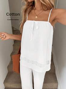 Easowa Casual Old Money Style Women Airport Outfit For Women 2pcs/Set Women Lace Patchwork Cotton Cami Top And Pants Set, Spring/Summer Boho Women Clothing