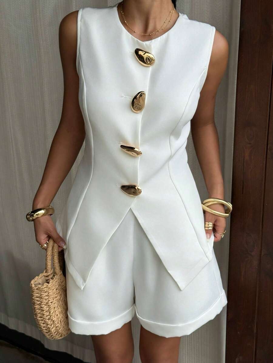 SHEIN EZwear 白色梭织优雅商务女装套装