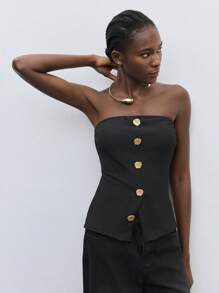 Maija Women's Metal Color Block Button Front Slit Hem Strapless Top, Black,Autumn Outfits For Women - Black - View 9