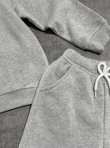 秋季年轻男孩字母印花长袖休闲运动衫和裤子宽松套装 - 灰色 - 查看 6