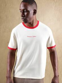 SUMWON Camiseta de manga corta básica de verano de algodón con logo de marca, estilo retro ringer - Albaricoque - Ver 3