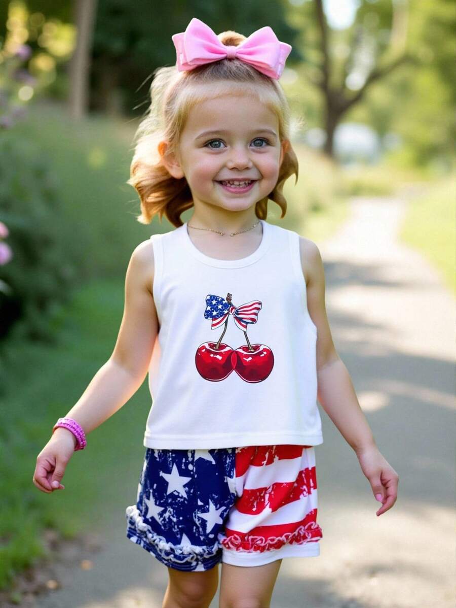 SHEIN Baby Girl 2pcs Set Casual Simple Comfortable Scoop Neck Sleeveless Tank Top And Shorts - Blue and White - View 1