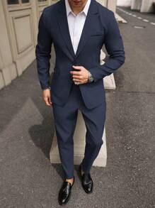 Manfinity Mode Solid Color Single Breasted Long Sleeve Blazer Jacket And Side Pocket Suit Pants Suit Set Men Suits Blue Men Suits Slim Fit Men Blue Suit Two Pieces Suit Men Men Dress Suit A Great Gift For A Boyfriend Or Husband. - Navy Blue - View 6
