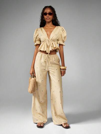 MISSGUIDED 泡泡袖亚麻感荷叶边套装阔腿刺绣飘逸下摆旅行度假节日节日夏季春季服装