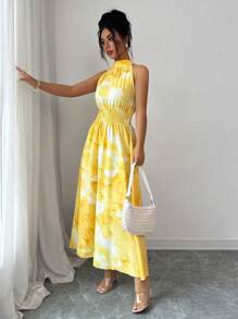 Modelyn Váy chữ A không tay in họa tiết nhuộm loang cho nữ - Màu vàng - Xem 3