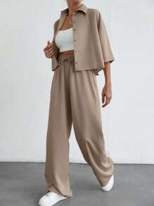 EURMUSE Women Two Pieces Shirt And Pant Set - Beige - View 4