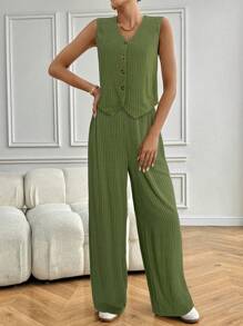 SHEIN Frenchy Bộ 2 món áo ba lỗ in họa tiết sọc và quần thường ngày cho nữ - màu xanh lá - Xem 3