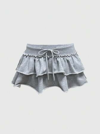 Grunge Punk Music Festival Distressed Sweatshirt Fabric Low-Waist Ruffled Hem Mini Skirt For Women