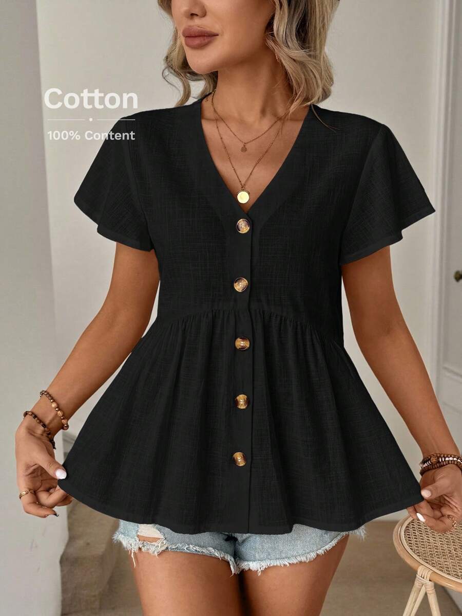 SHEIN LUNE 夏季女士V領荷葉邊褶皺波浪袖A線上衣，休閒和假日風格，純棉扣緊襯衫 - 黑色 - 查看 1