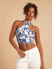 Travachic 度假露背印花短款上衣、沙滩装、春夏、复活节、假日、海滩、春假、度假、音乐会