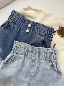 SHEIN 年轻女孩一条深蓝色和可爱的浅蓝色牛仔荷叶边腰合身短裤，春夏休闲度假乡村波西米亚风装 - 淺色水洗藍 - 查看 3